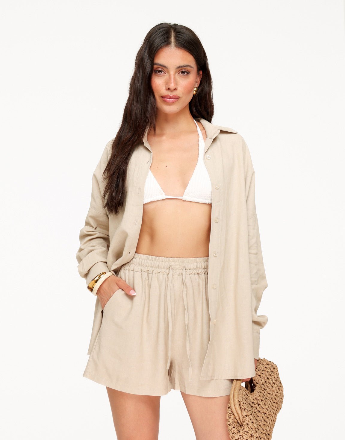 Beige Linnen Wijde - Blouse - Olivia & Kate
