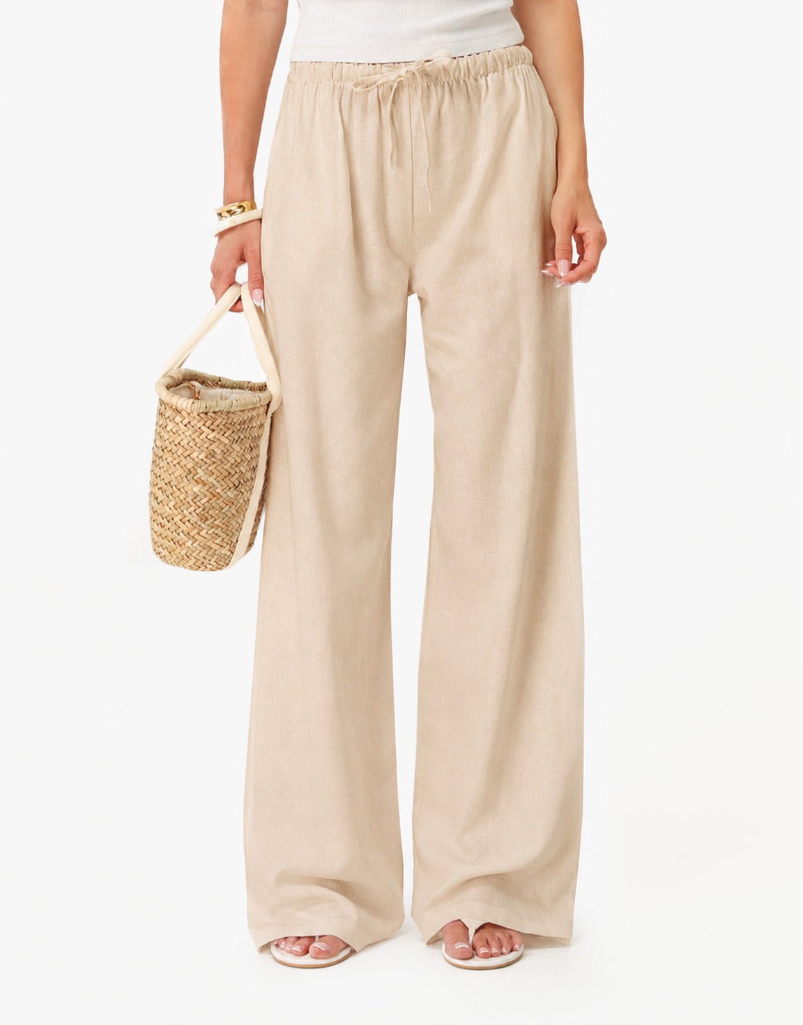 Beige Linnen Wijde Elastische Band - Broek - Olivia & Kate