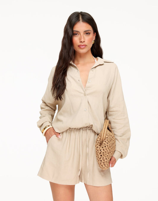 Beige Linnen Wijde Elastische Band - Short - Olivia & Kate
