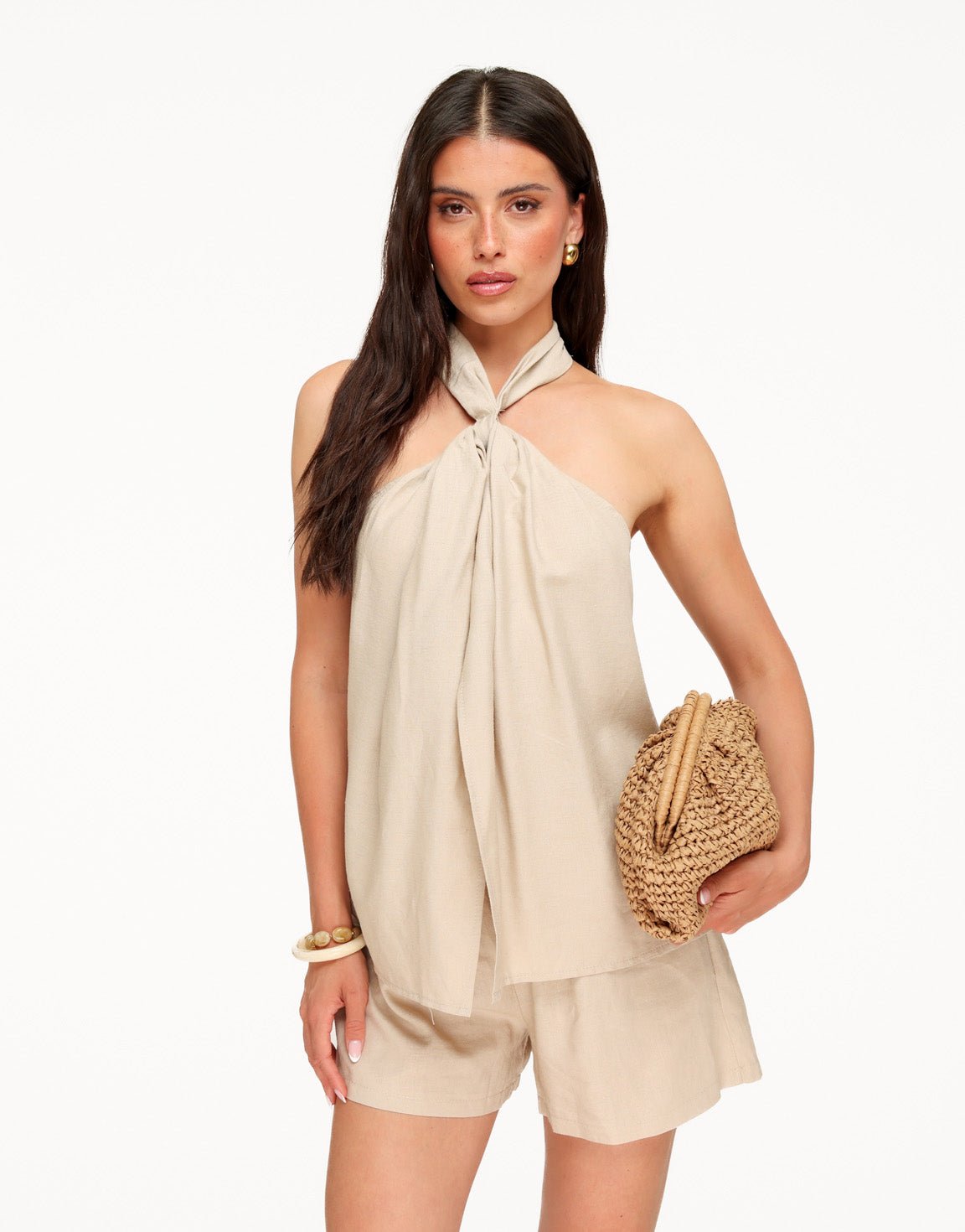 Beige Mouwloze Linnen Halter - Top - Olivia & Kate