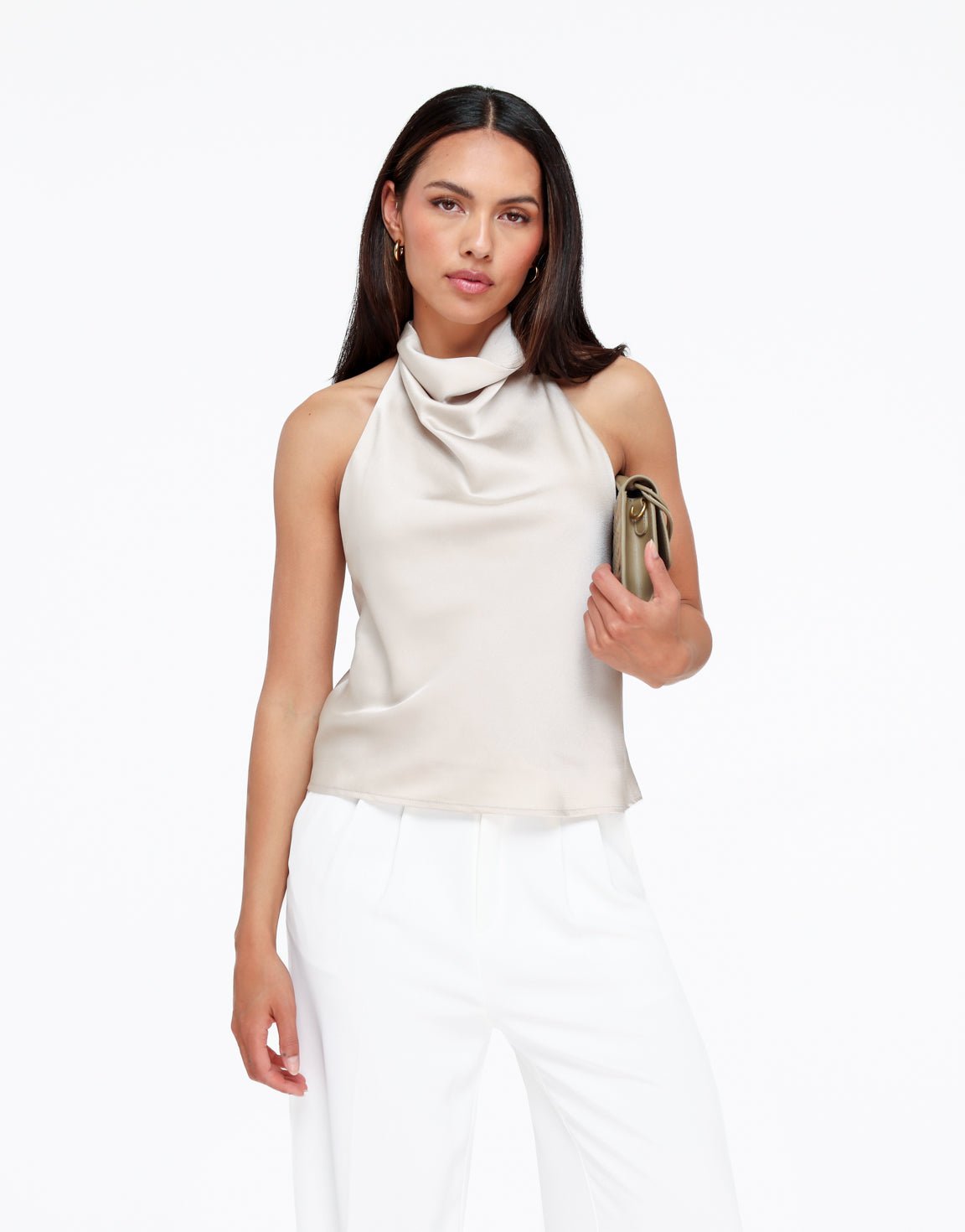 Beige Mouwloze Satijnen Hals - Top - Olivia & Kate