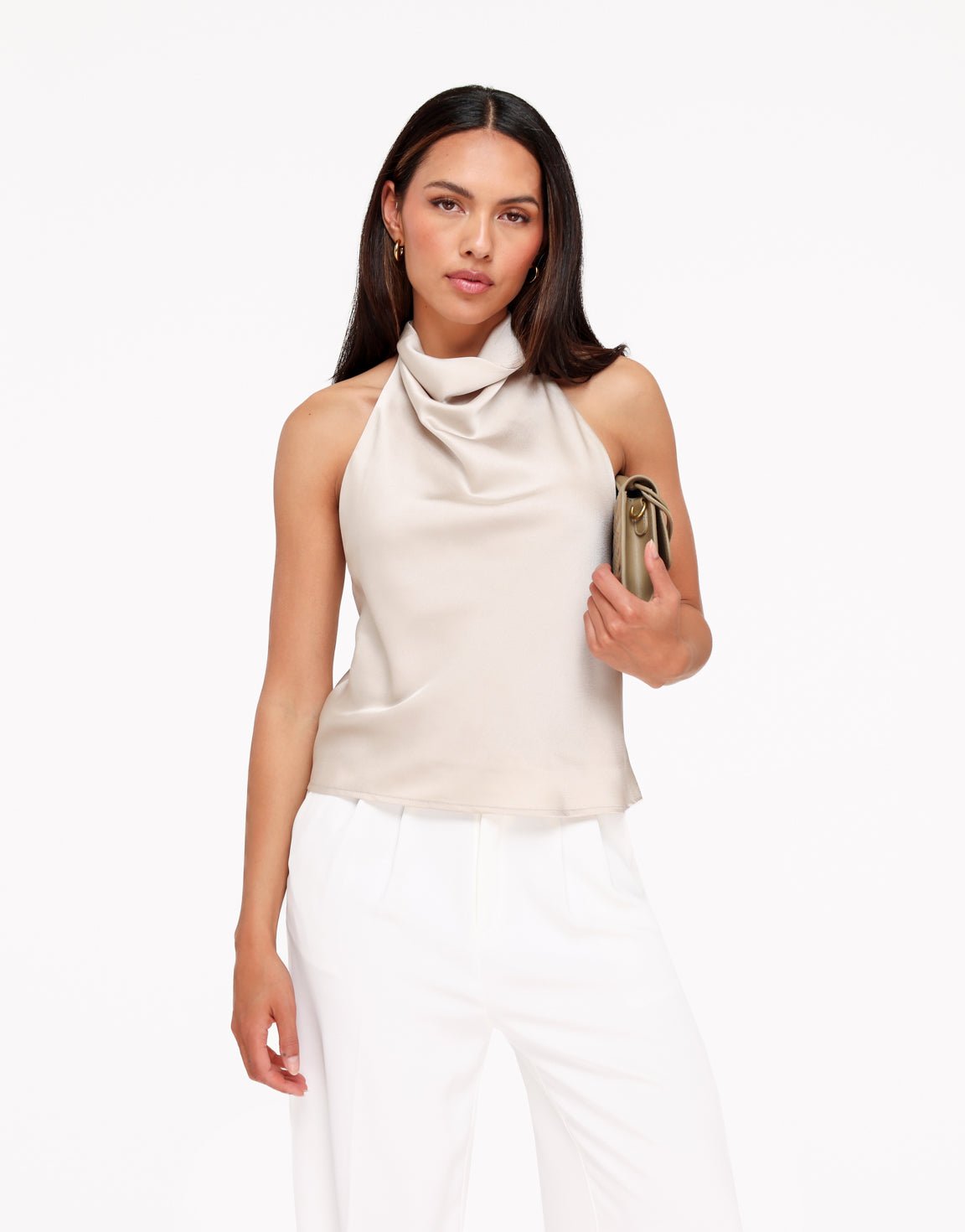 Beige Mouwloze Satijnen Hals - Top - Olivia & Kate