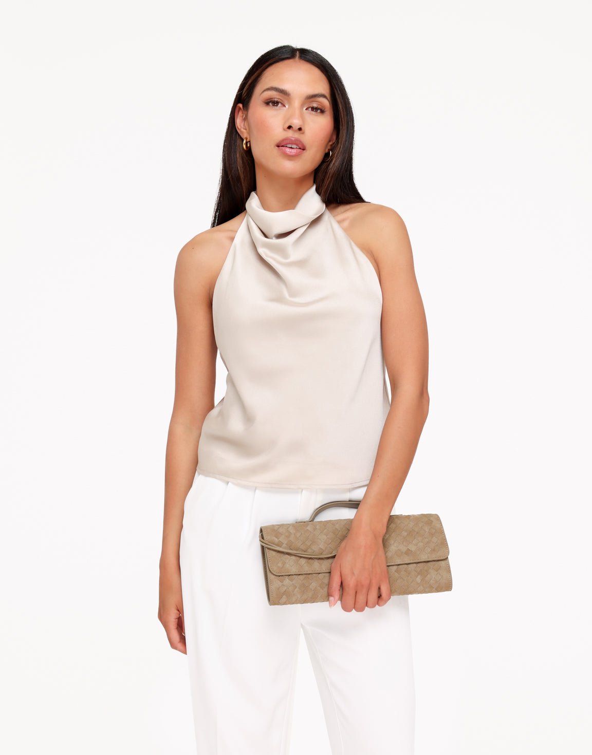 Beige Mouwloze Satijnen Hals - Top - Olivia & Kate