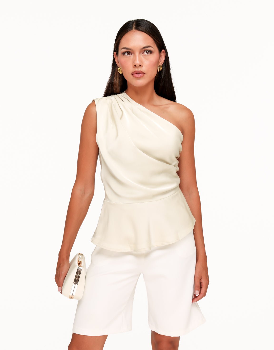 Beige One Shoulder Flowy Onderkant - Top - Olivia & Kate