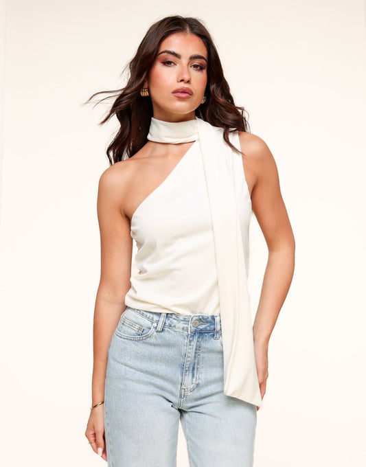 Beige One Shoulder Sjaal Detail - Top - Olivia & Kate