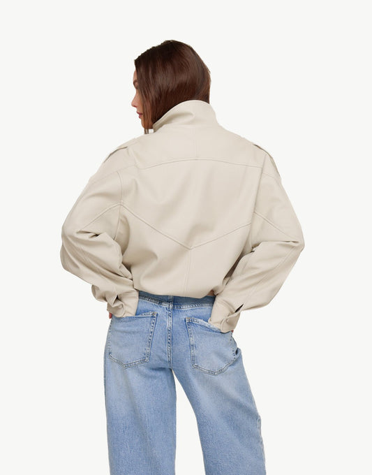 Beige PU Leren Hoge Kraag - Jas - Olivia & Kate