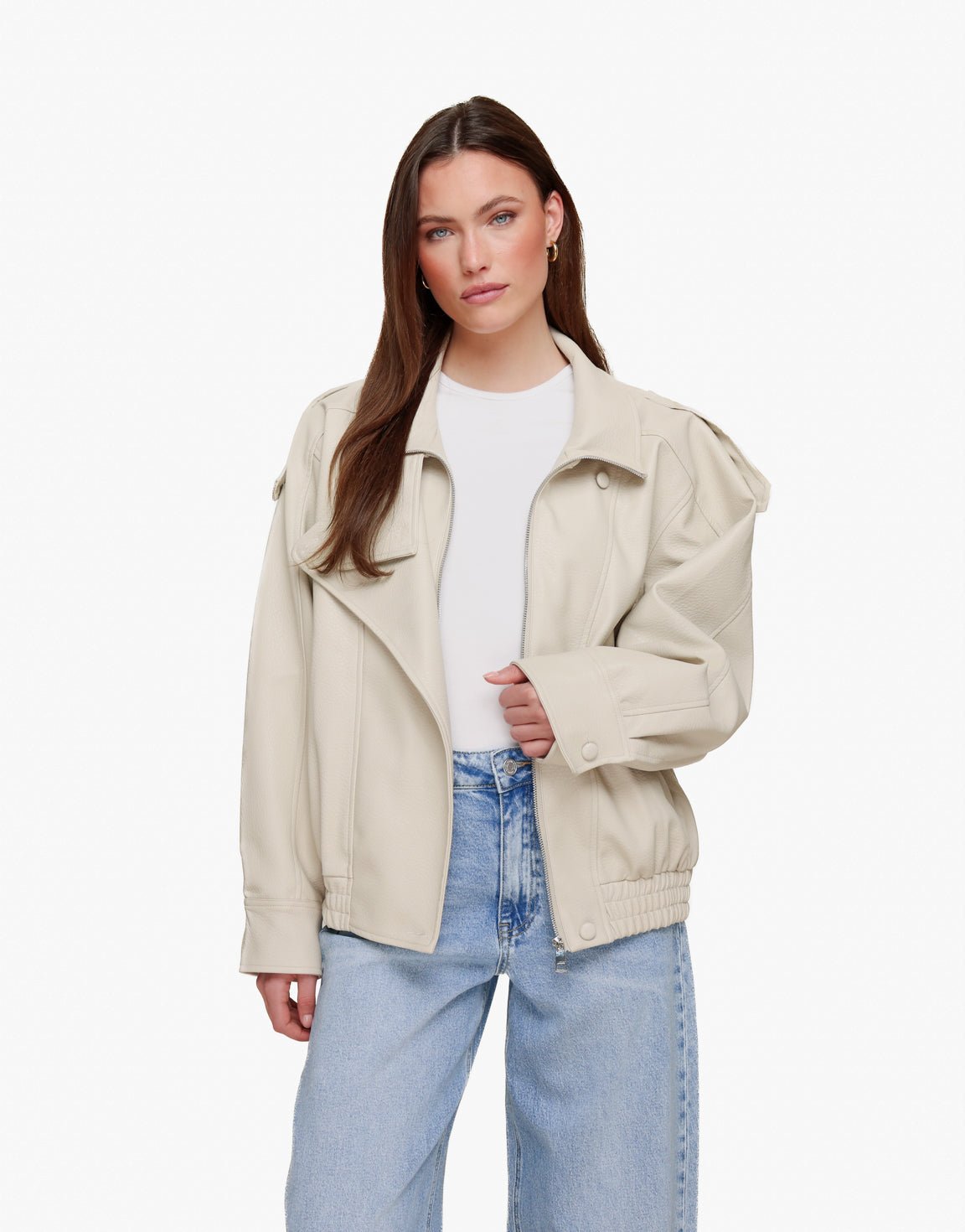 Beige PU Leren Hoge Kraag - Jas - Olivia & Kate