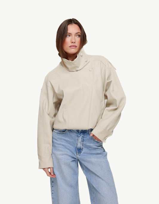 Beige PU Leren Hoge Kraag - Jas - Olivia & Kate