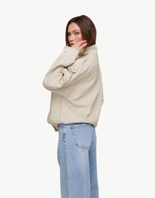 Beige PU Leren Hoge Kraag - Jas - Olivia & Kate