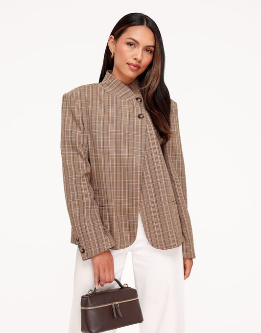 Beige Ruiten Hoge Knopen Split - Blazer - Olivia & Kate