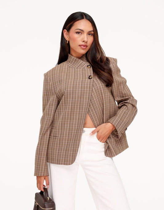 Beige Ruiten Hoge Knopen Split - Blazer - Olivia & Kate