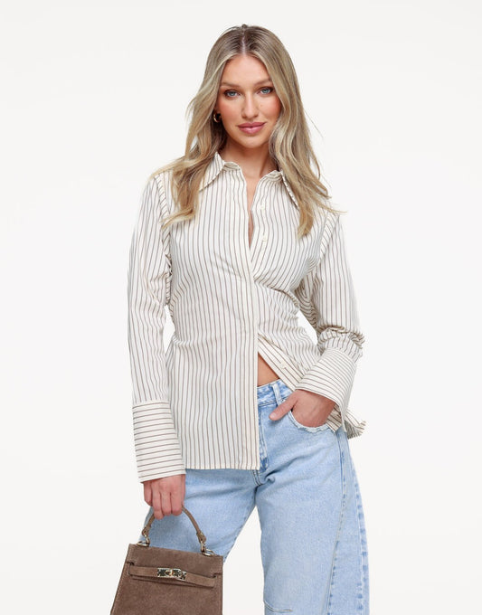 Beige Strepen Strik Op Rug - Blouse - Olivia & Kate