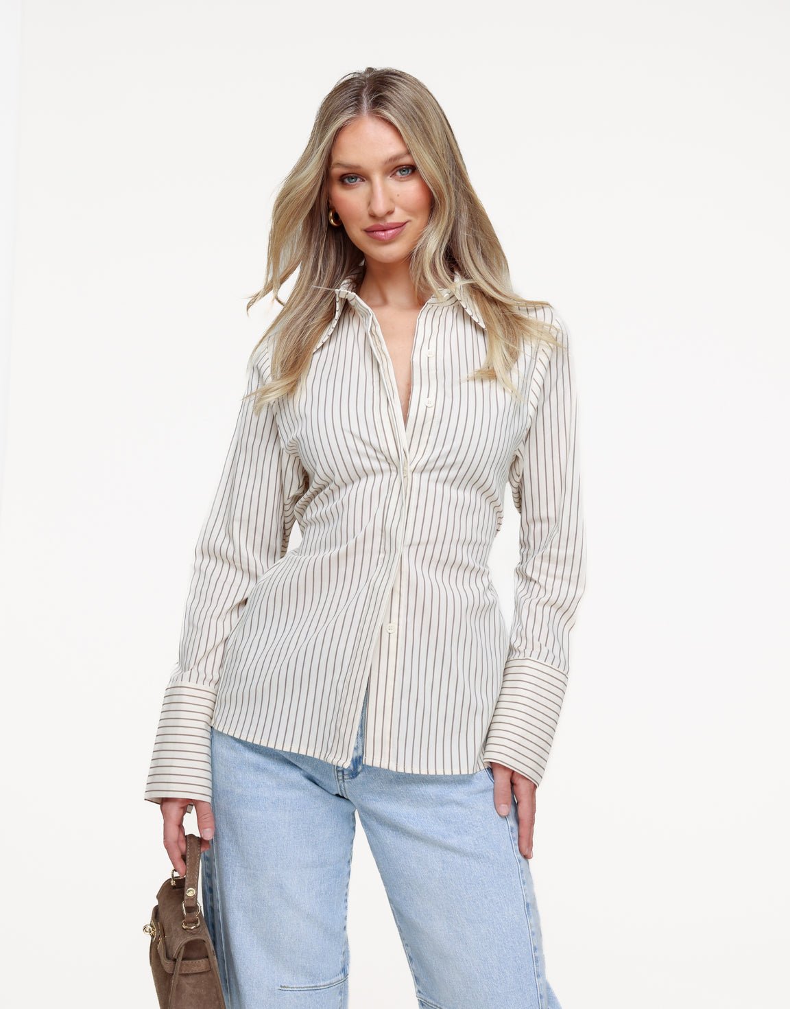 Beige Strepen Strik Op Rug - Blouse - Olivia & Kate