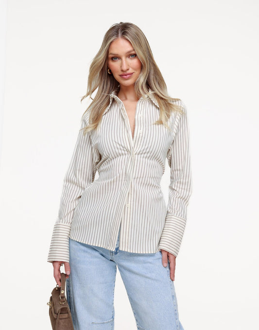 Beige Strepen Strik Op Rug - Blouse - Olivia & Kate
