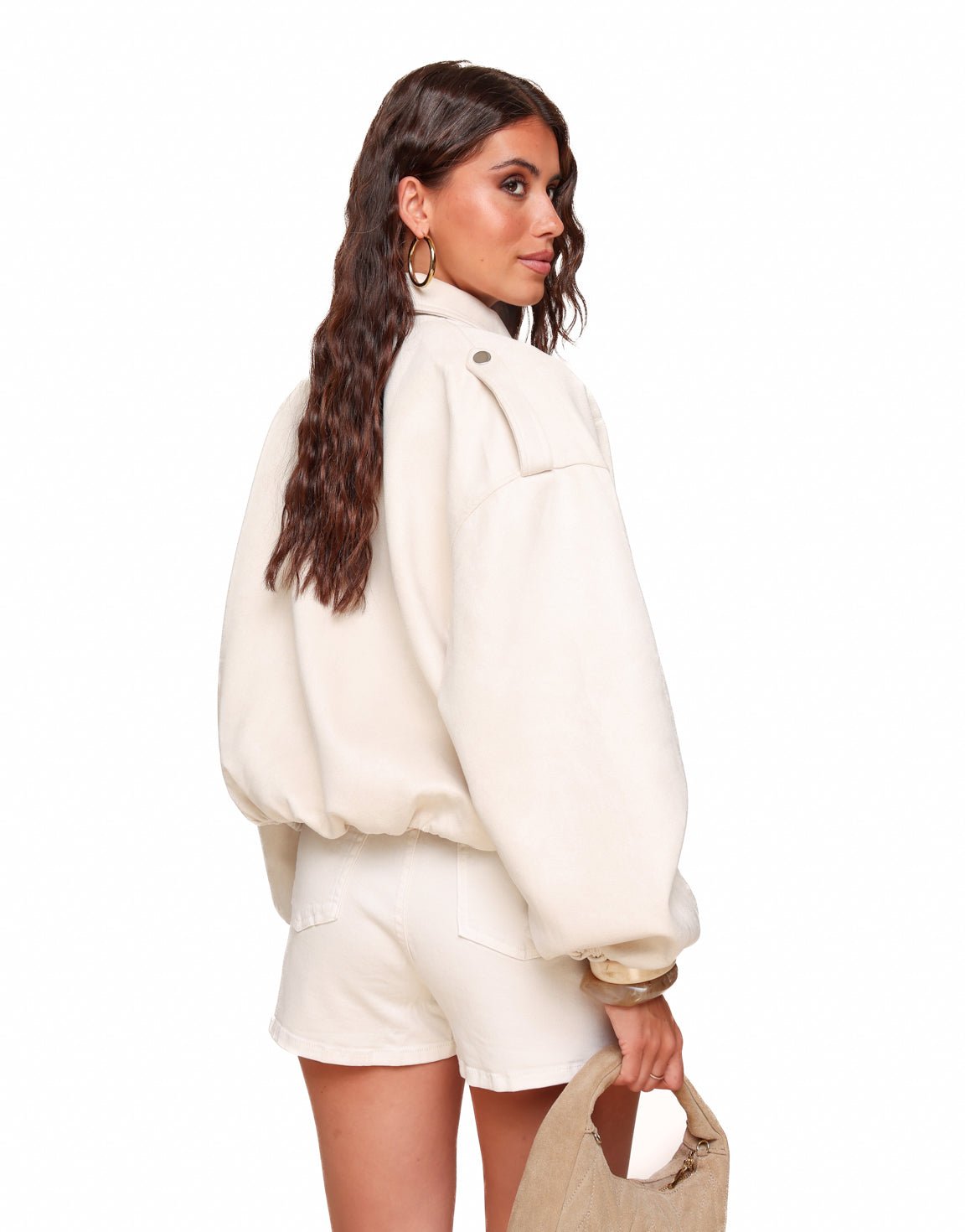 Beige Suede Bomber - Jacket - Olivia & Kate