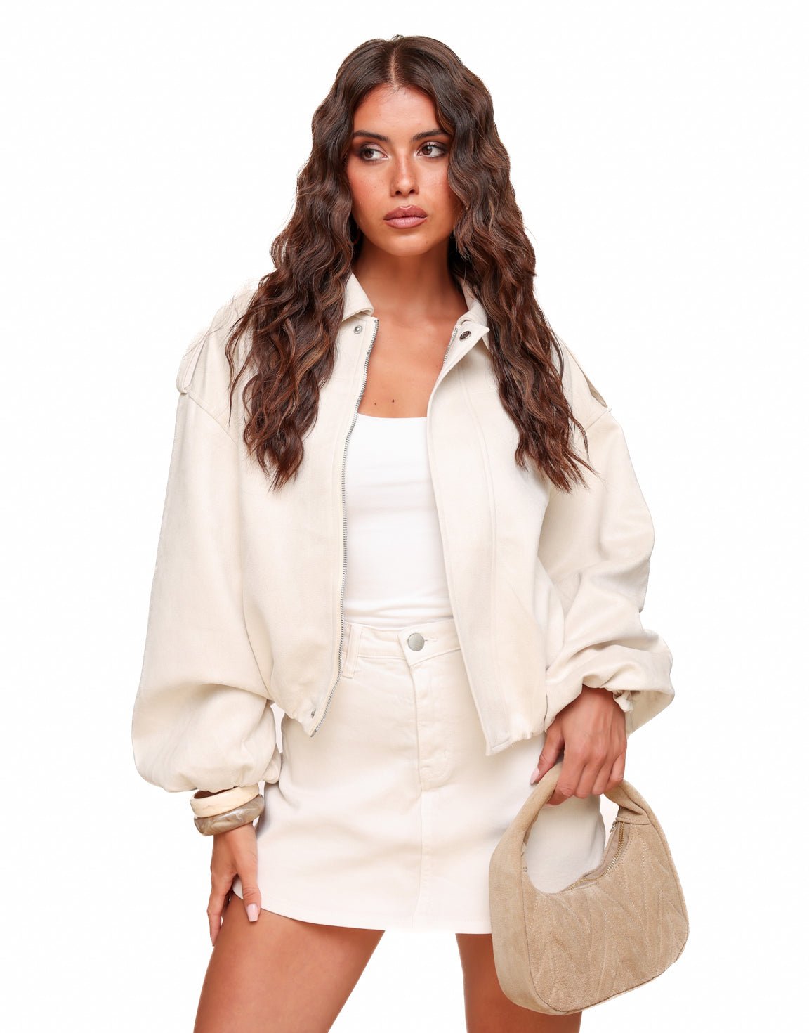 Beige Suede Bomber - Jacket - Olivia & Kate