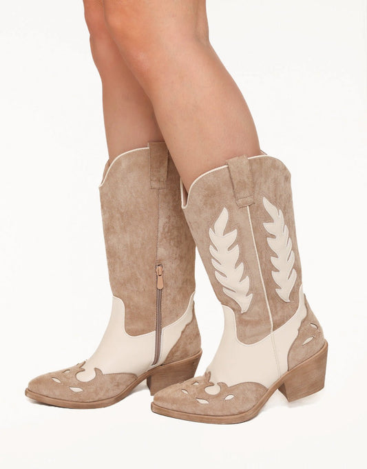 Beige Suede Detail Cowboy - Laarzen - Olivia & Kate