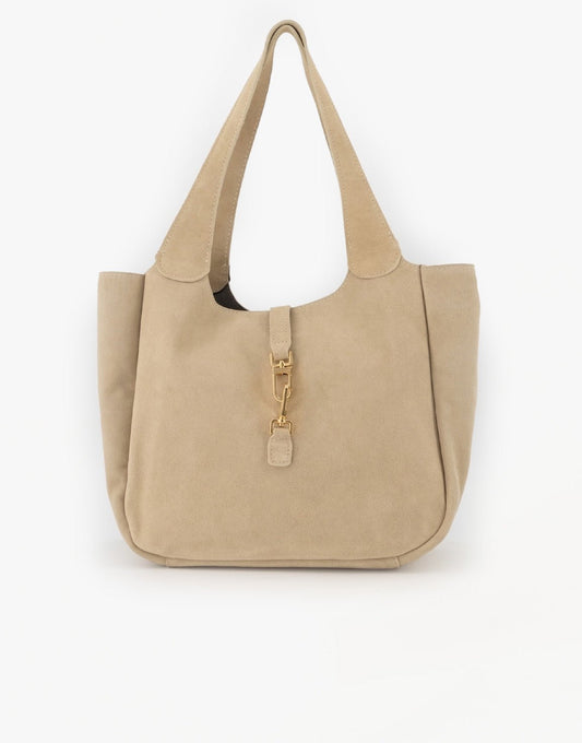 Beige Suede Gouden Detail Langwerpige - Tas - Olivia & Kate