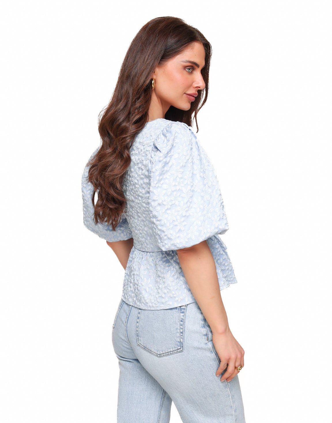 Blauwe Bloemen Strikjes Pofmouwen SS - Top - Olivia & Kate
