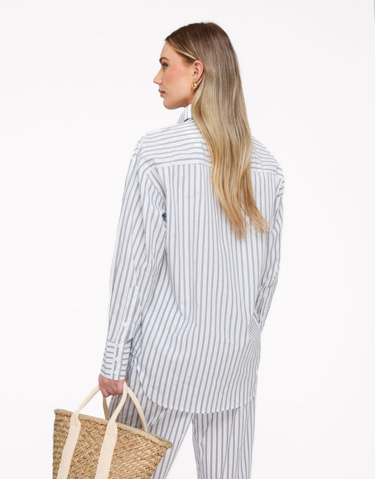 Blauwe Gestreepte Oversized Strass Steentjes - Blouse - Olivia & Kate