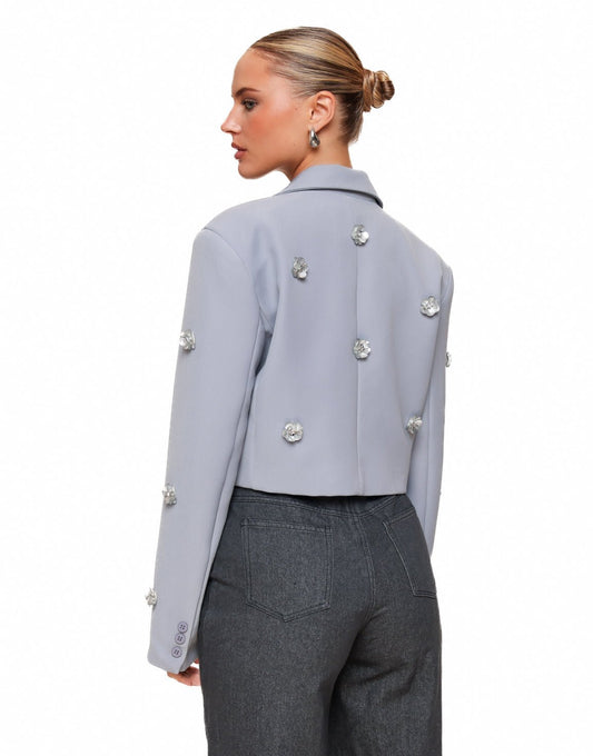 Blauwgrijze Statement Bloemen Cropped - Blazer - Olivia & Kate