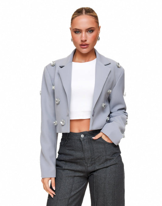 Blauwgrijze Statement Bloemen Cropped - Blazer - Olivia & Kate