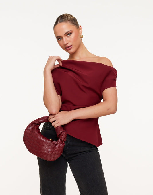 Bordeaux Gedrapeerde Off Shoulder SS - Top - Olivia & Kate