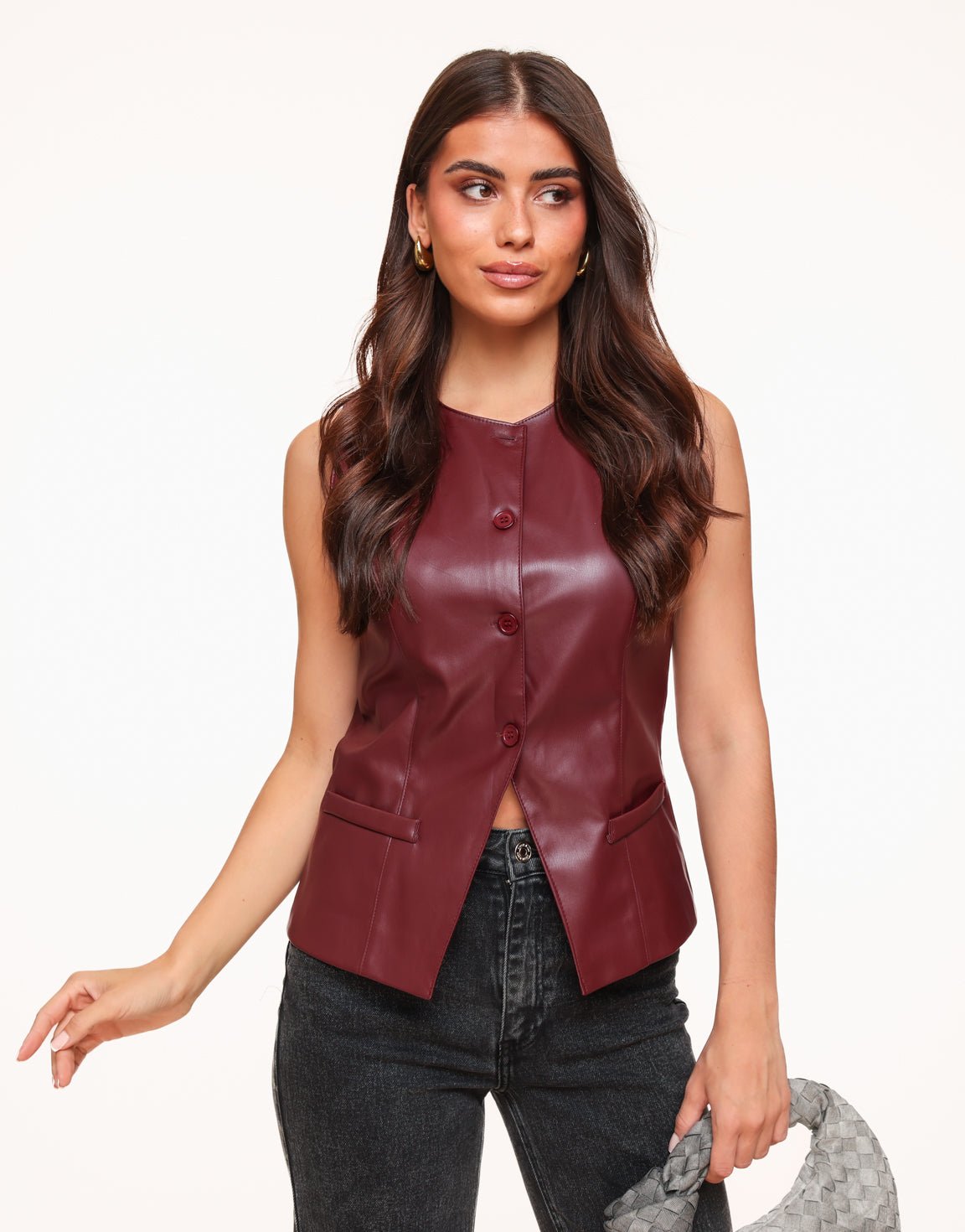 Bordeaux PU Leren Hoge Knopen - Gilet - Olivia & Kate