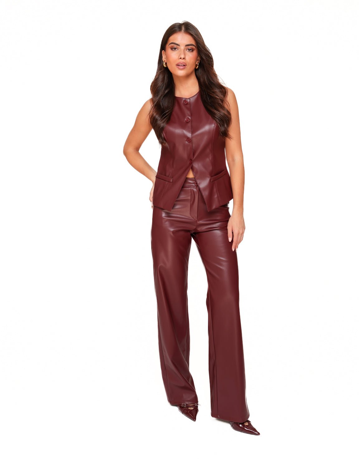 Bordeaux PU Leren Hoge Knopen - Gilet - Olivia & Kate