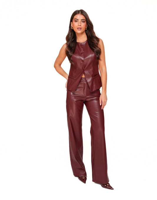 Bordeaux PU Leren Hoge Knopen - Gilet - Olivia & Kate