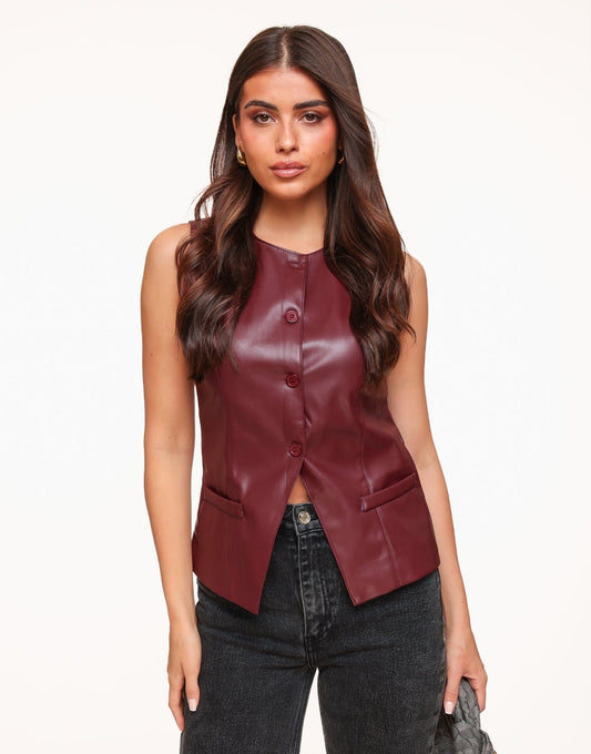 Bordeaux PU Leren Hoge Knopen - Gilet - Olivia & Kate