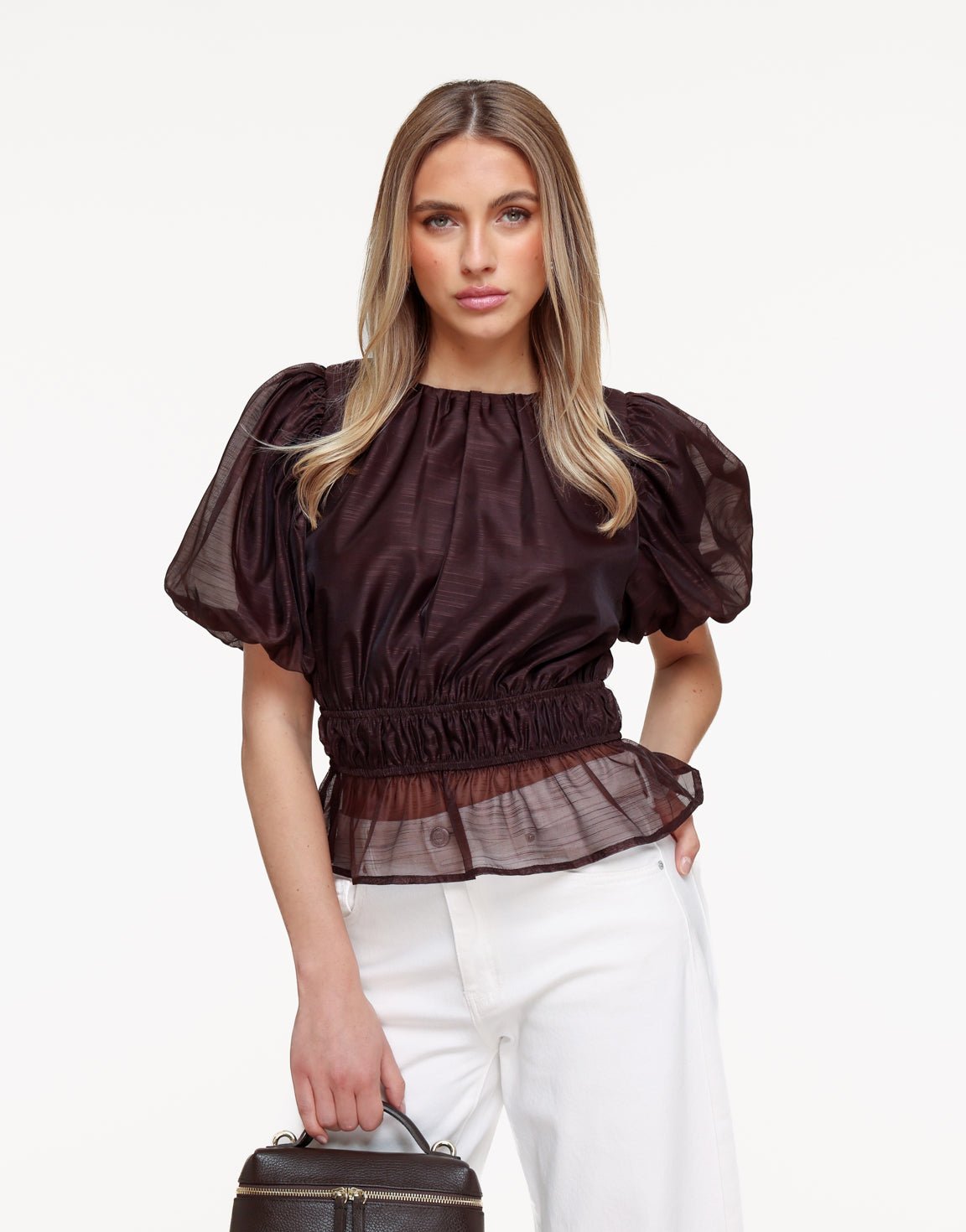 Bruine Doorzichtige Stretchy Ballonmouwen - Top - Olivia & Kate