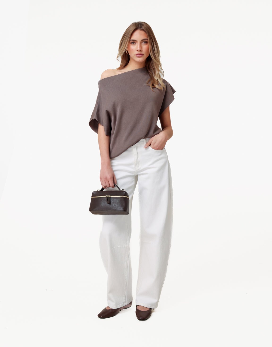 Bruine Gebreide One Shoulder - Top - Olivia & Kate