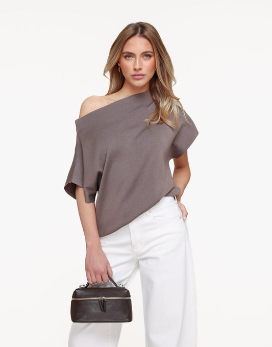 Bruine Gebreide One Shoulder - Top - Olivia & Kate