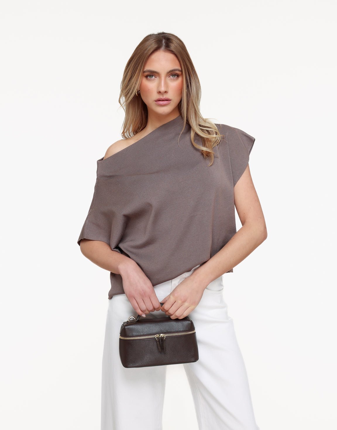 Bruine Gebreide One Shoulder - Top - Olivia & Kate