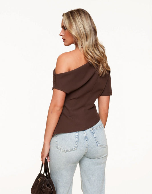 Brown Draped Off Shoulder SS - Top - Olivia & Kate