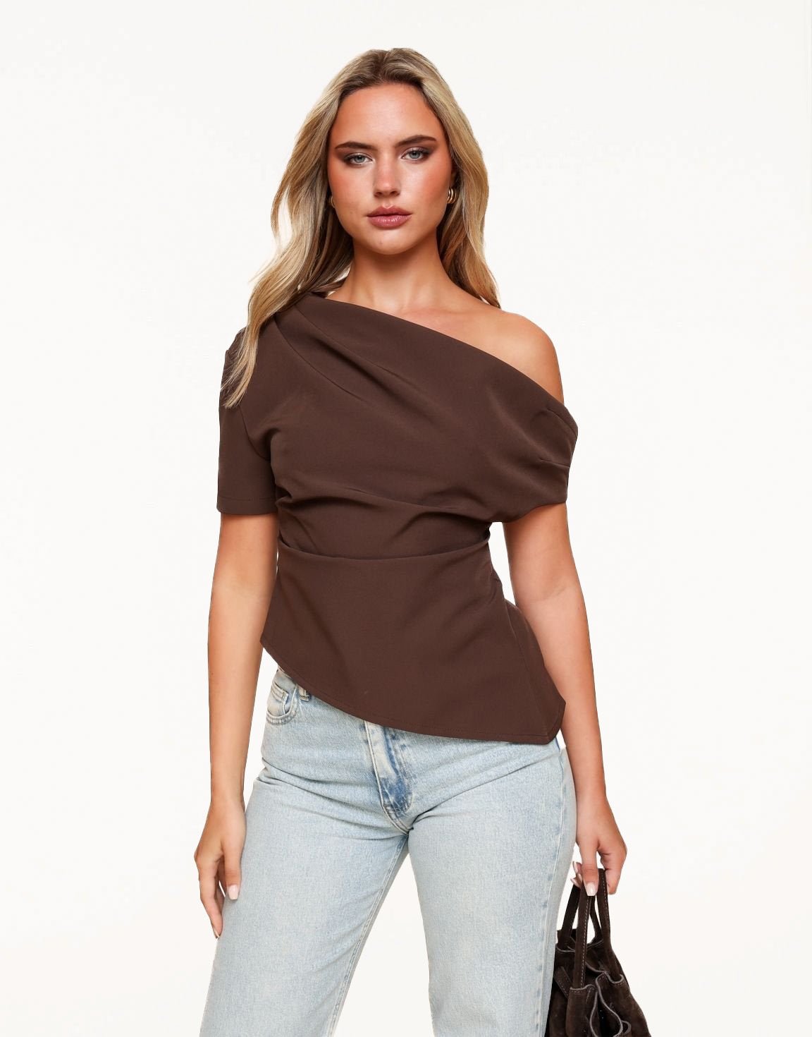 Brown Draped Off Shoulder SS - Top - Olivia & Kate