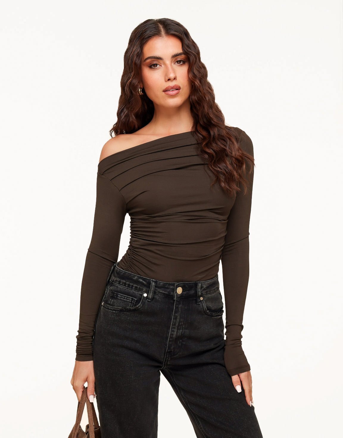 Brown Draped Off Shoulder - Top - Olivia & Kate