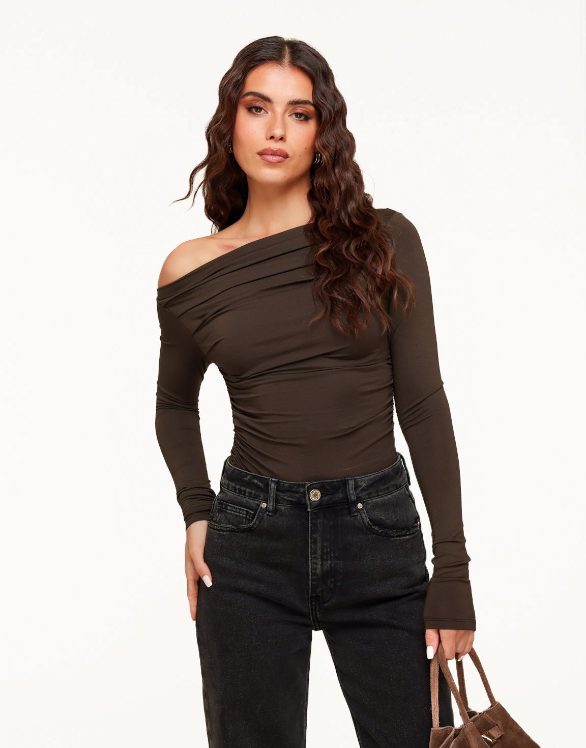 Brown Draped Off Shoulder - Top - Olivia & Kate