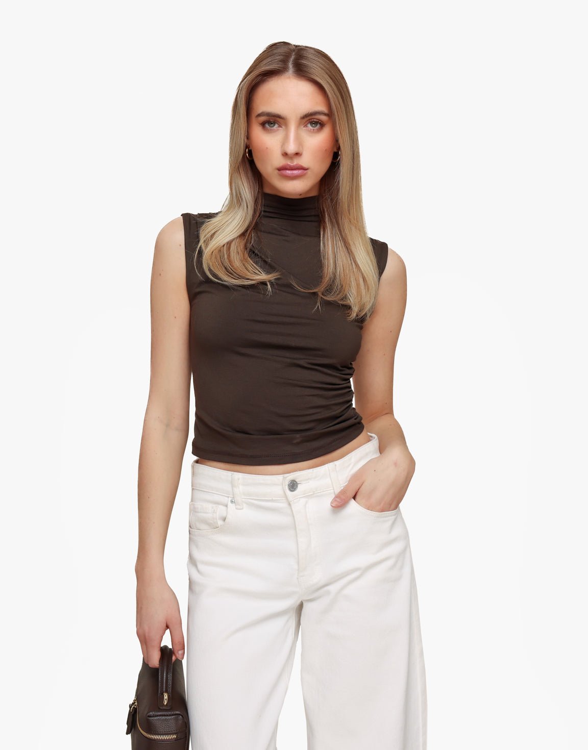 Bruine Geplooide Col SS - Top - Olivia & Kate