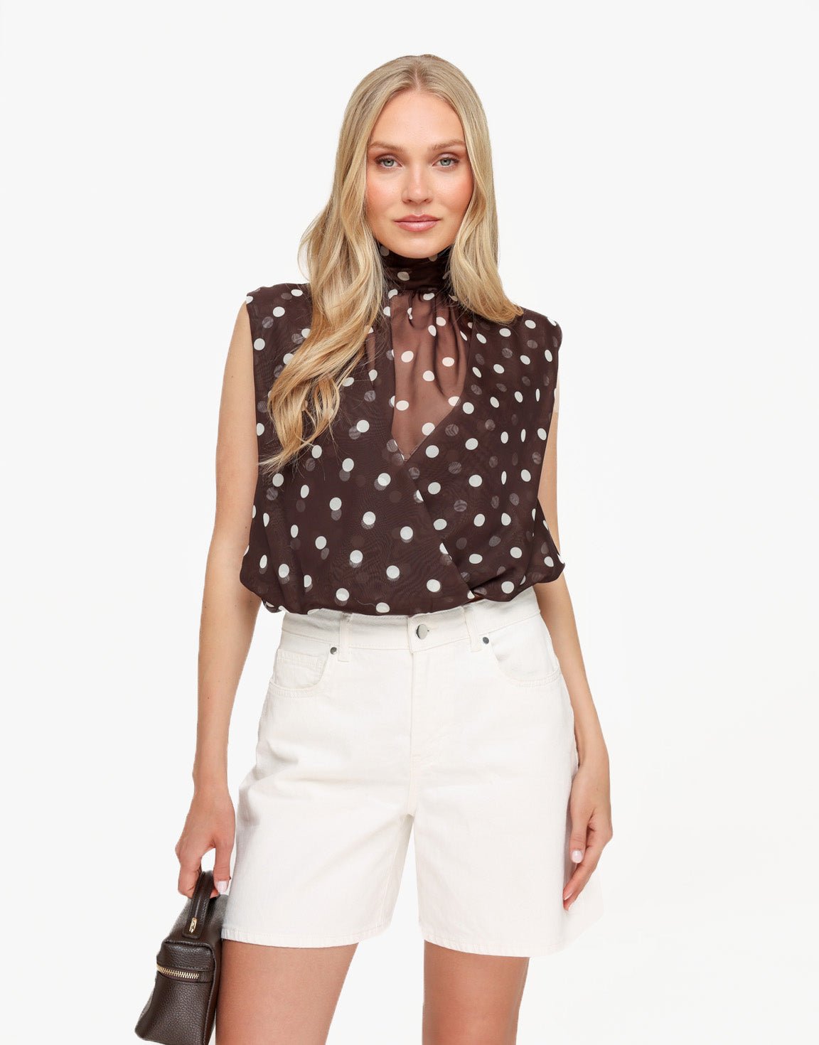 Bruine Hoge Hals Doorzichtige Polkadot - Top - Olivia & Kate
