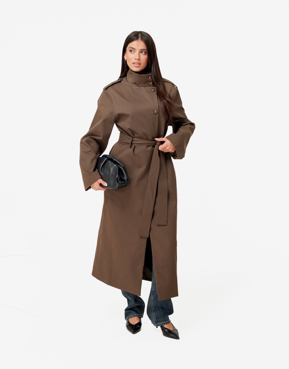 Bruine Hoge Kraag Lange Trench - Jas - Olivia & Kate