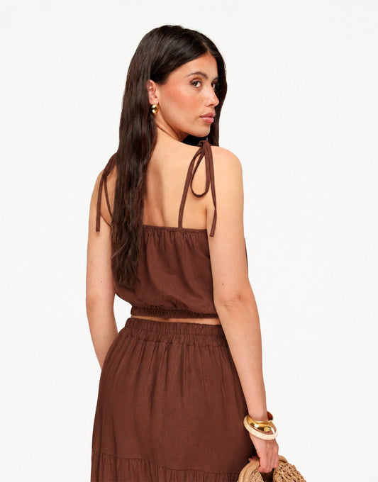 Bruine Linnen Mouwloze Cropped Wijde Maxi - Set - Olivia & Kate