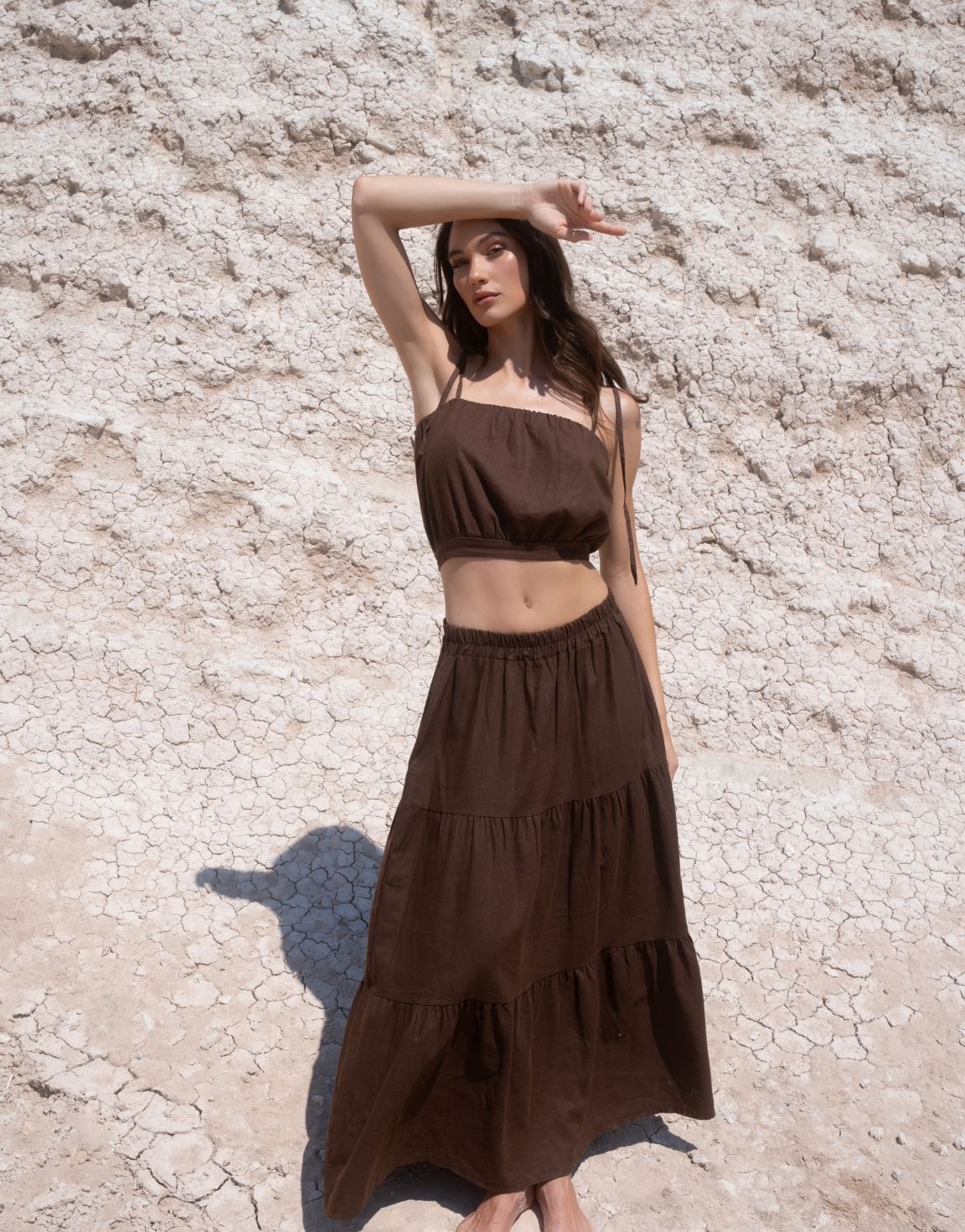 Bruine Linnen Mouwloze Cropped Wijde Maxi - Set - Olivia & Kate