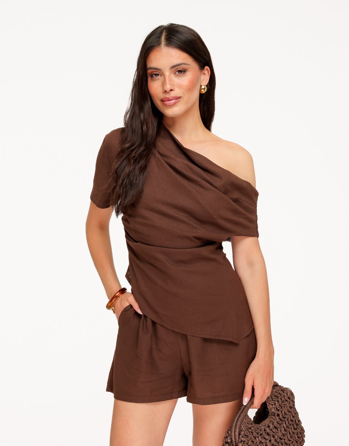 Bruine Linnen Off Shoulder Elastische Band - Set - Olivia & Kate