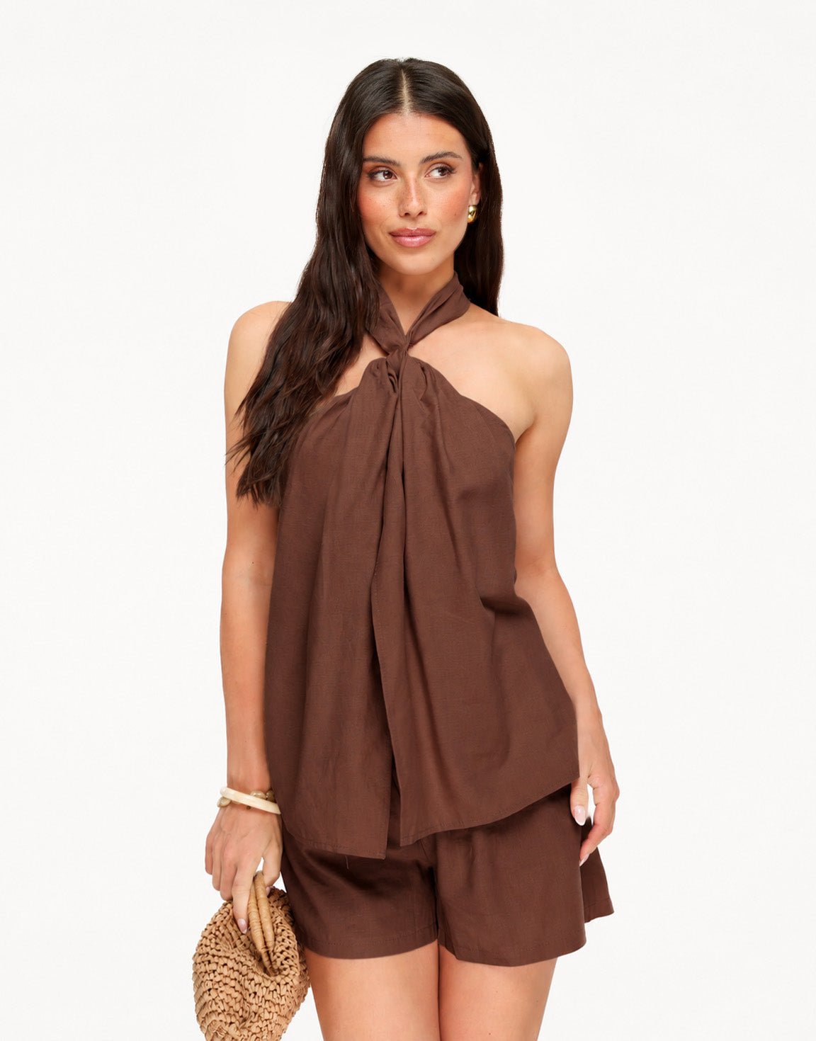 Bruine Mouwloze Linnen Halter - Set - Olivia & Kate