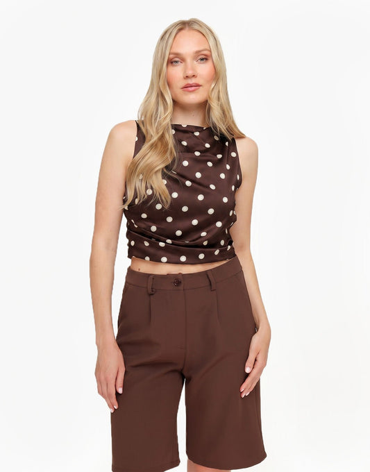 Bruine Polkadot Satijnen Open Rug - Top - Olivia & Kate