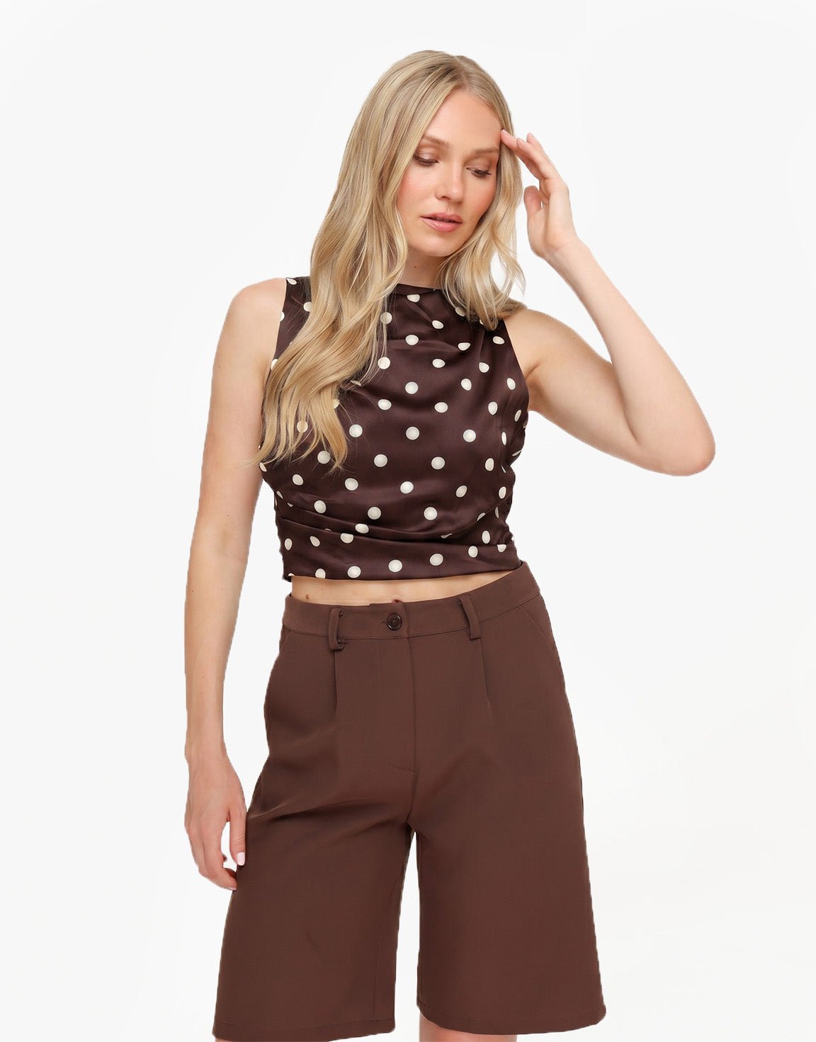 Bruine Polkadot Satijnen Open Rug - Top - Olivia & Kate