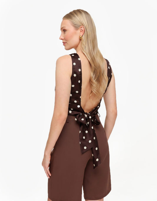 Bruine Polkadot Satijnen Open Rug - Top - Olivia & Kate