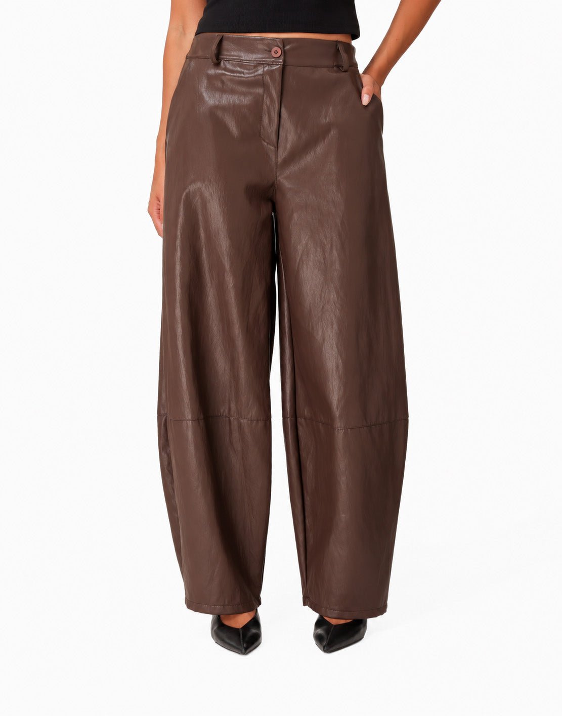 Bruine PU Ballon Detail - Broek - Olivia & Kate
